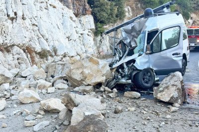 Huge Boulder Crushes Mercedes Sprinter Like It's A Beer Can At A Frat Party