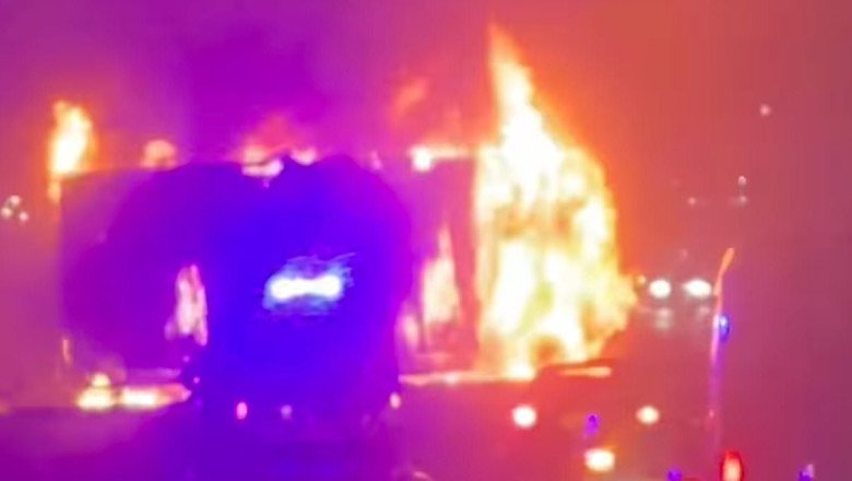 Terrifying moment Tesco lorry goes up in flames on the M25: Major road closed as fire crews battle inferno