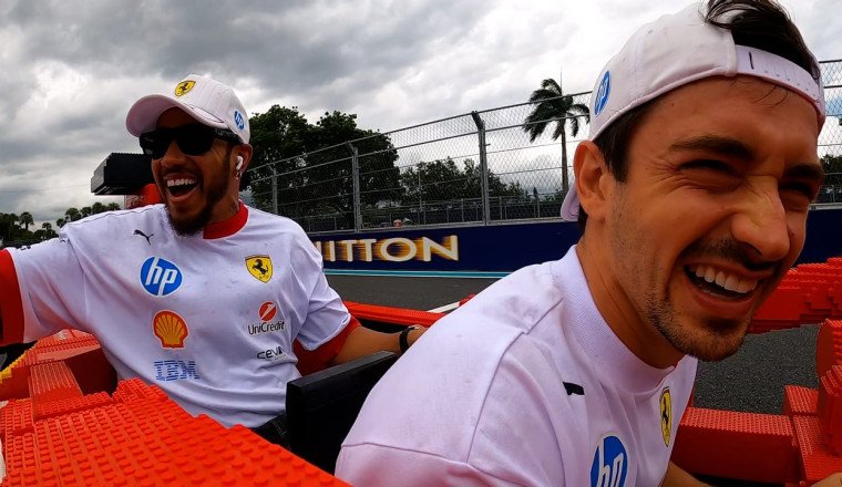 WATCH: Ride onboard the LEGO Ferrari as Leclerc and Hamilton giggle their way around the Miami track