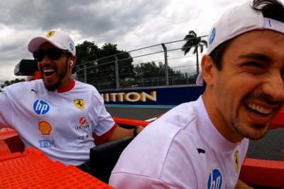 WATCH: Ride onboard the LEGO Ferrari as Leclerc and Hamilton giggle their way around the Miami track